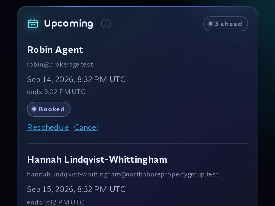 The upcoming list on the calendar page, with a booked call at the top.