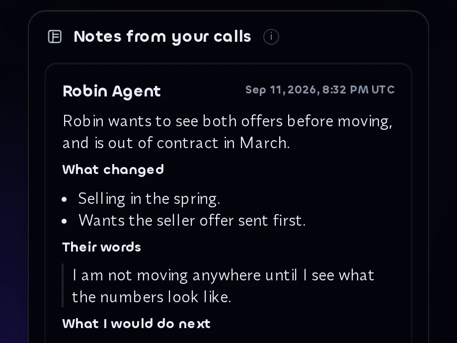 The notes panel after a call, with what changed and what to do next.