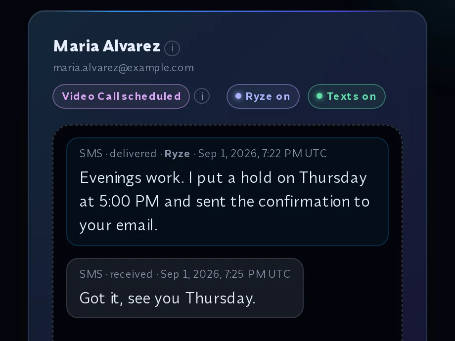 A lead thread with a reply that went out and the answer that came back.