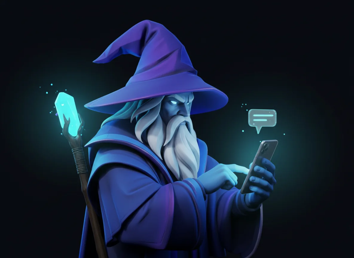 Ryze releasing a message from his crystal staff toward a waiting phone.